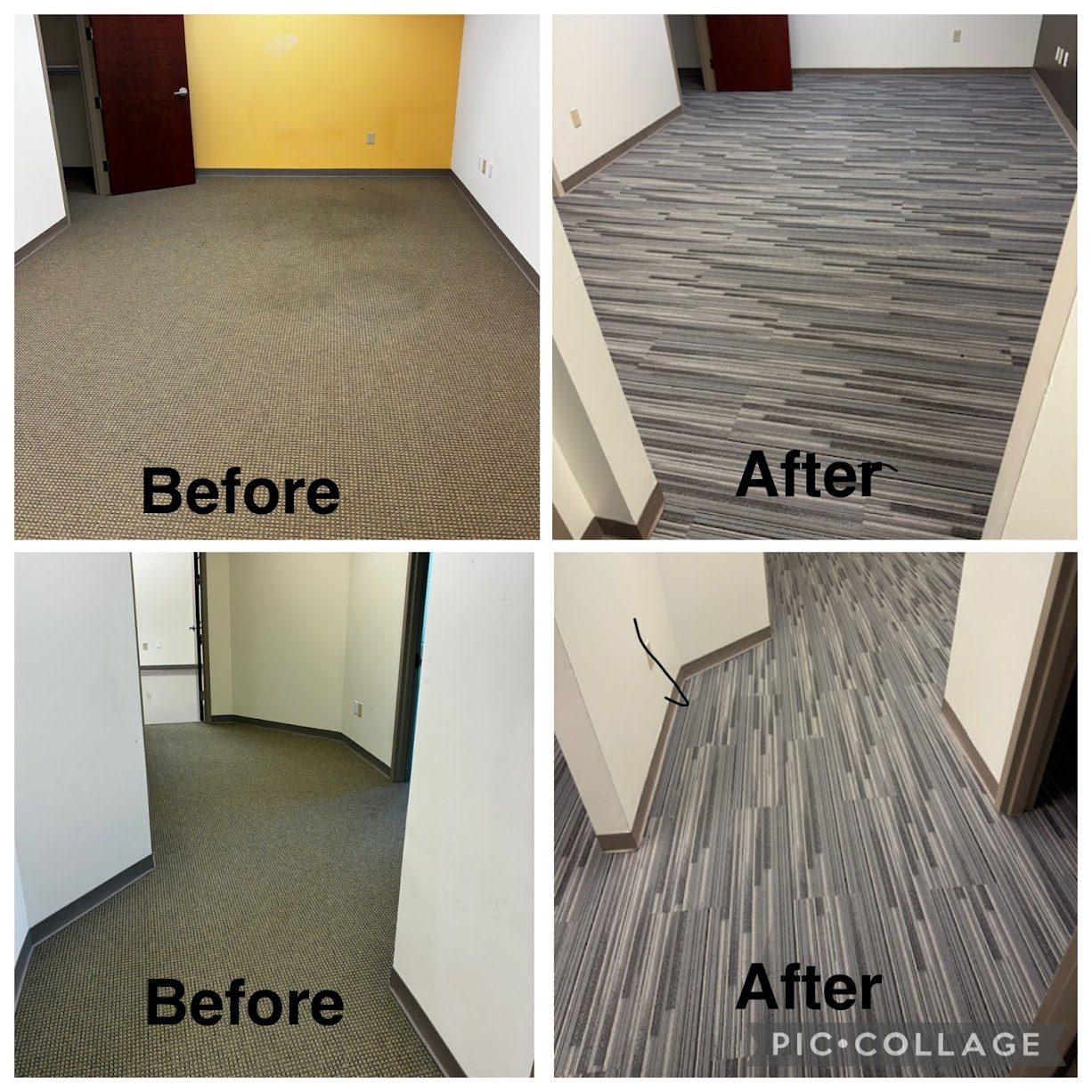 Before and after: dated carpet replaced with luxury vinyl plank