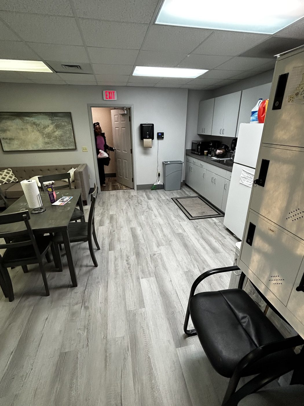 Commercial-grade luxury vinyl plank in a medical clinic break room
